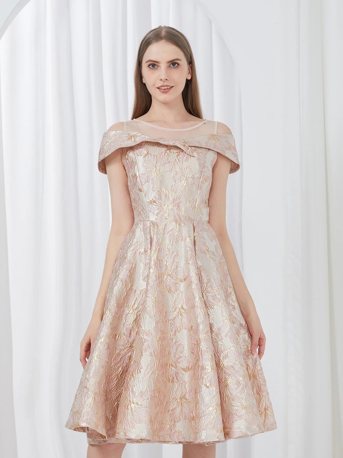 Luxury New Short Evening Dress Women Jacquard Patchwork Embroidery Party Dress Elegant A Line Floral Ball Gown Vestido