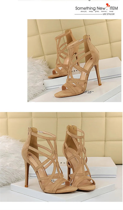 Women Roman Style Thin High Heels Pumps Pointed Toe Suede Hollow Strap Party Shoes Solid Ankle Zip Summer Sandals