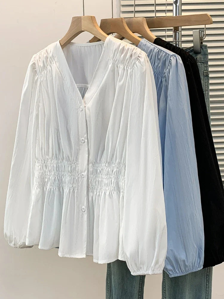 2026 V-neck Long Sleeved Plus Size Shirt Loose Pleated Ruffle Oversized Tops Ladies Chic Elegant Solid Versatile Blouse