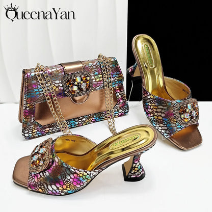 Fashion Newest Arrival Orange Color Square Toe Women Sandals Shoes Matching Bag Set for Ladies Wedding Party Pump
