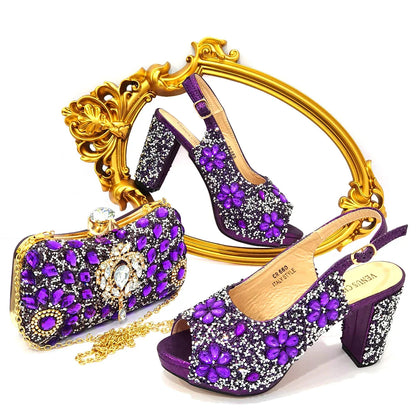 Conjunto de Sapatos de Salto Alto com Strass e Bolsa Feminino Luxuoso Último Design Italiano de Verão para Casamento Festa de Natal