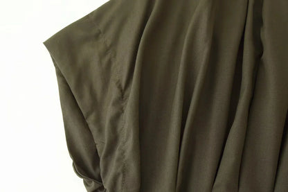 Spring Summer Vintage Women Dress Fashion Single Breasted Sashes Draped V Neck Sleeveless Chic Brown Ladies Dresses