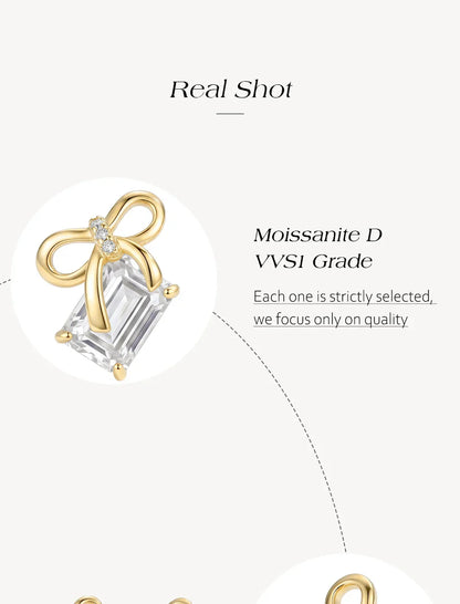New Bow Earrings Emerald Cut Moissanite Stud Earrings S925 Silver Elegant Dainty Anniversary Wedding Jewelry for Women