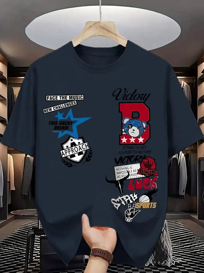 New Men's Summer Personalized Letter Graffiti Printed Comfortable and Breathable Round Neck T-shirt Outdoor Street Top
