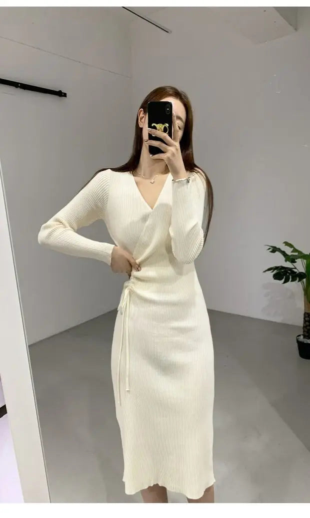 V-ne Knitted Wrap Waist Slimming Mid-length A-line Dr Women's Sweater Dr Korean Sle High Waist Long Sve
