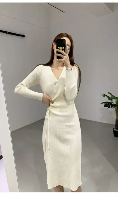 V-ne Knitted Wrap Waist Slimming Mid-length A-line Dr Women's Sweater Dr Korean Sle High Waist Long Sve