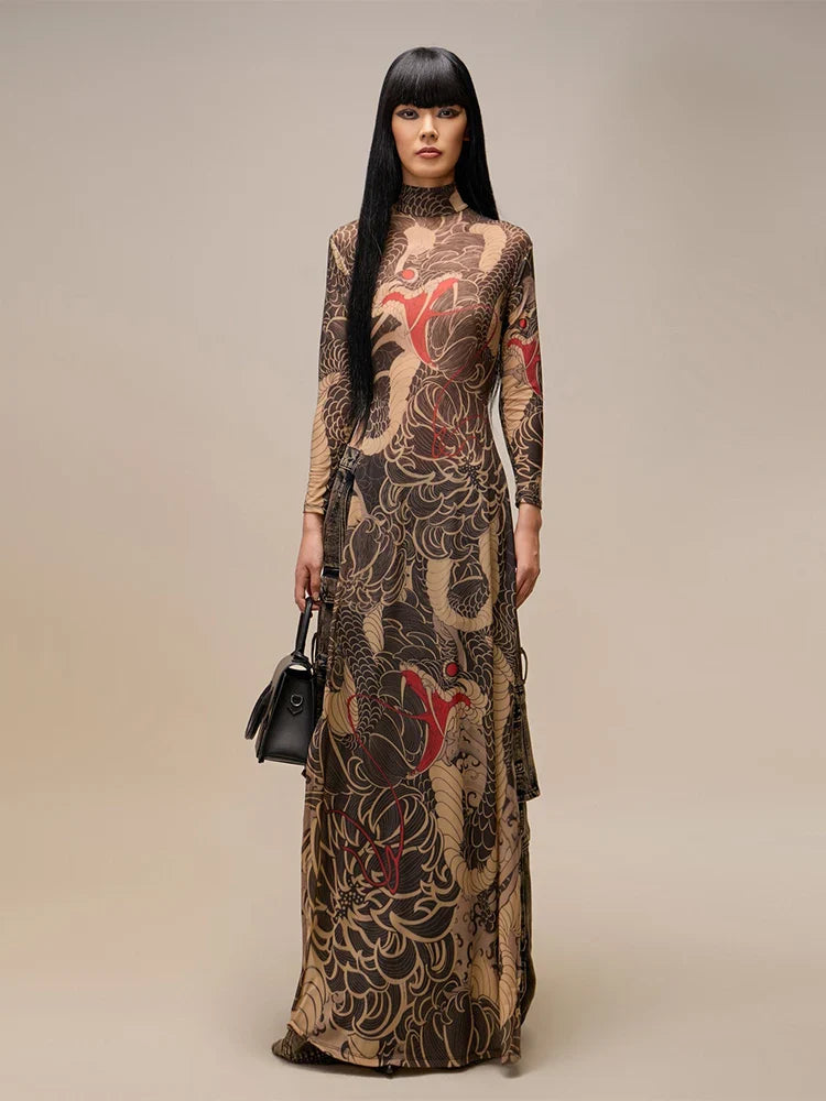 See Through Blouse Women Snake Print Half-High Neck Long Sleeves High Slits High Elasticity Street Skinny Trend Long Tops