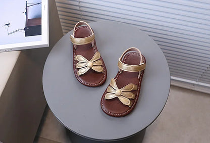 Girls Sandals Hook&loop Kids Beach Shoes Soild Color Versatile 2025 Summer Girls Princess Shoes Retro Sweet Flowers Korean Style