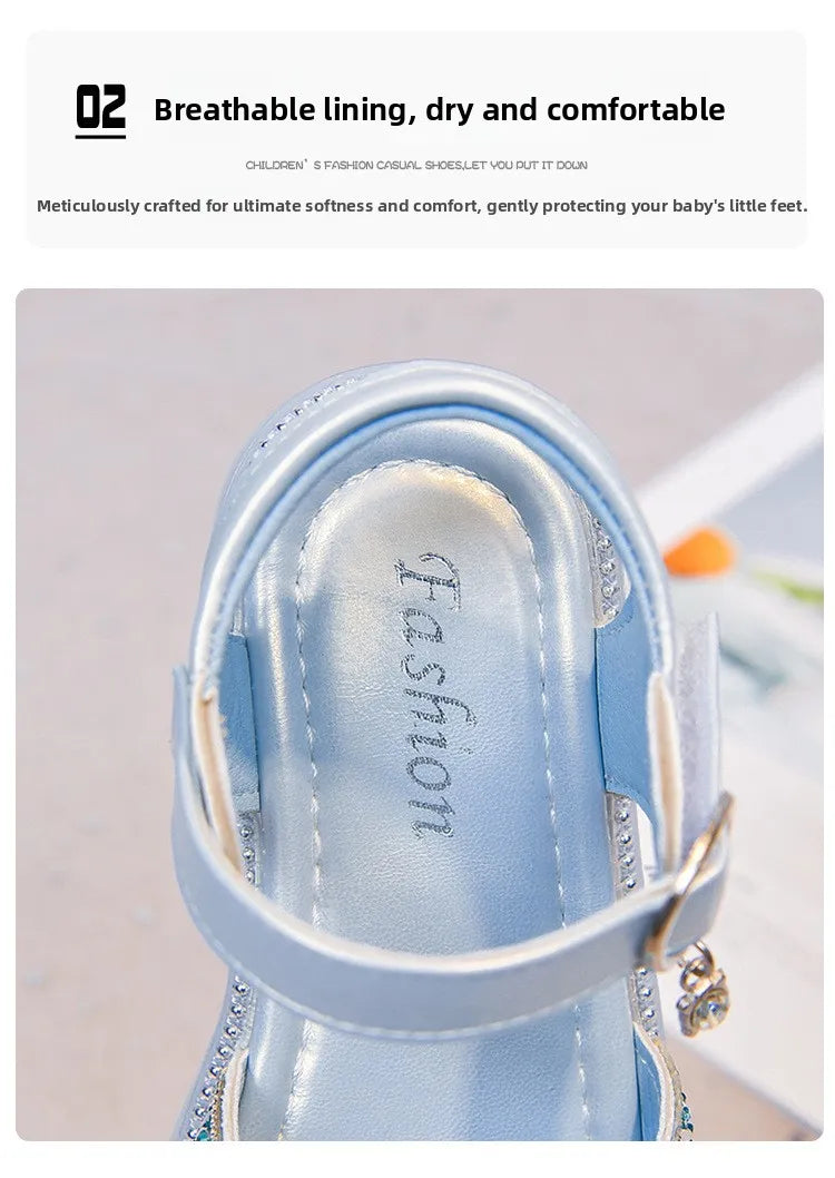 Girls Crystal Slip-On Shoes Soft Bottom Rhinestone Princess Flats Spring Autumn New Style Kids Lightweight Sweet Leather Shoes
