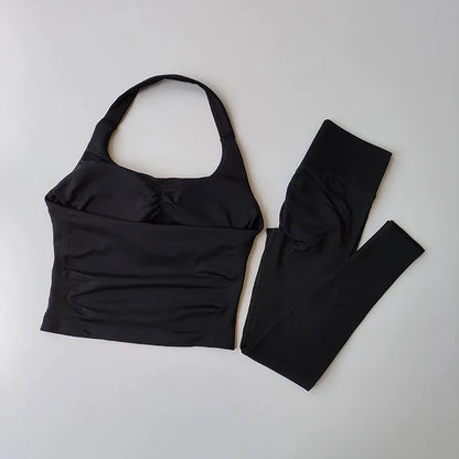 Fitness Set, Long Halter Neck Back-Shaping Leggings, High-Waisted Butt-Lifting Breathable Training Pants for Women