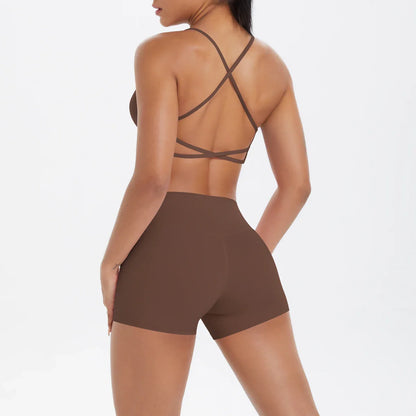 2PCS Yoga Clothes  Halter Yoga Top Set Fitness Gym Suit Crossover Back Sports Underwear Workout Gym Shorts Fitness High Waist