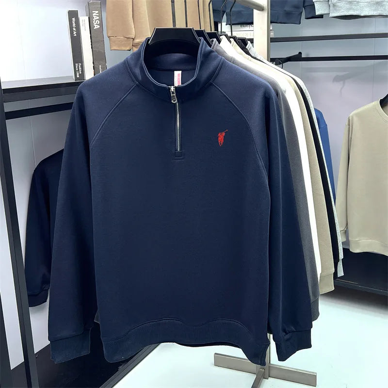 Half zip hoodie men's long sleeved t-shirt autumn plus size middle-aged and young embroidered pony logo collar polo shirt top