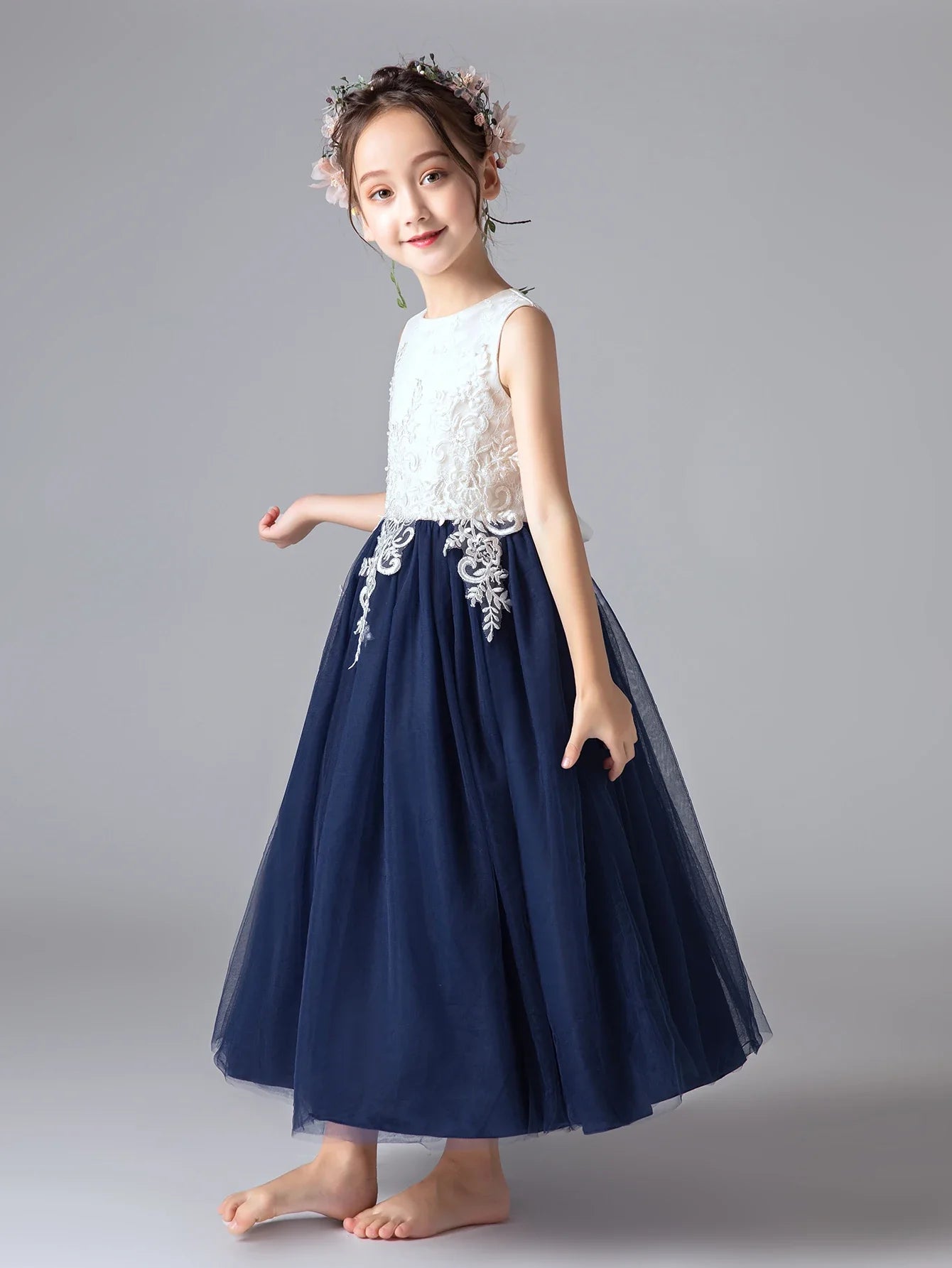 Flower Girl Dresses for 6 Year Olds Navy Blue Young Girl Dresses Ankle-Length Ball Gown