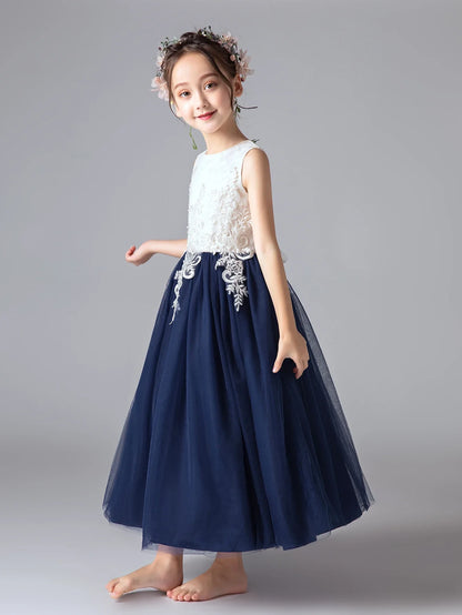 Flower Girl Dresses for 6 Year Olds Navy Blue Young Girl Dresses Ankle-Length Ball Gown