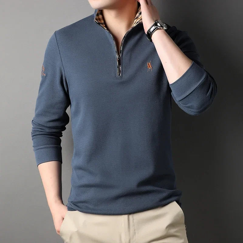 Luxury new Half Zipper Long Sleeve T-shirt 100% Cotton Brand Embroidered Stand Collar Men's Clothing Autumn Casual polo shirt