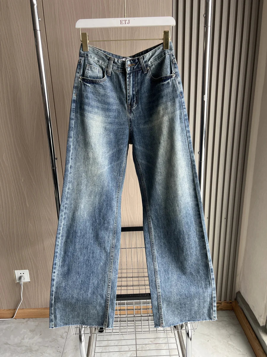 ETJ Wide-leg high-waisted jeans  women's classic everything with five pockets washed soft comfortable ultra-long jeans6045022
