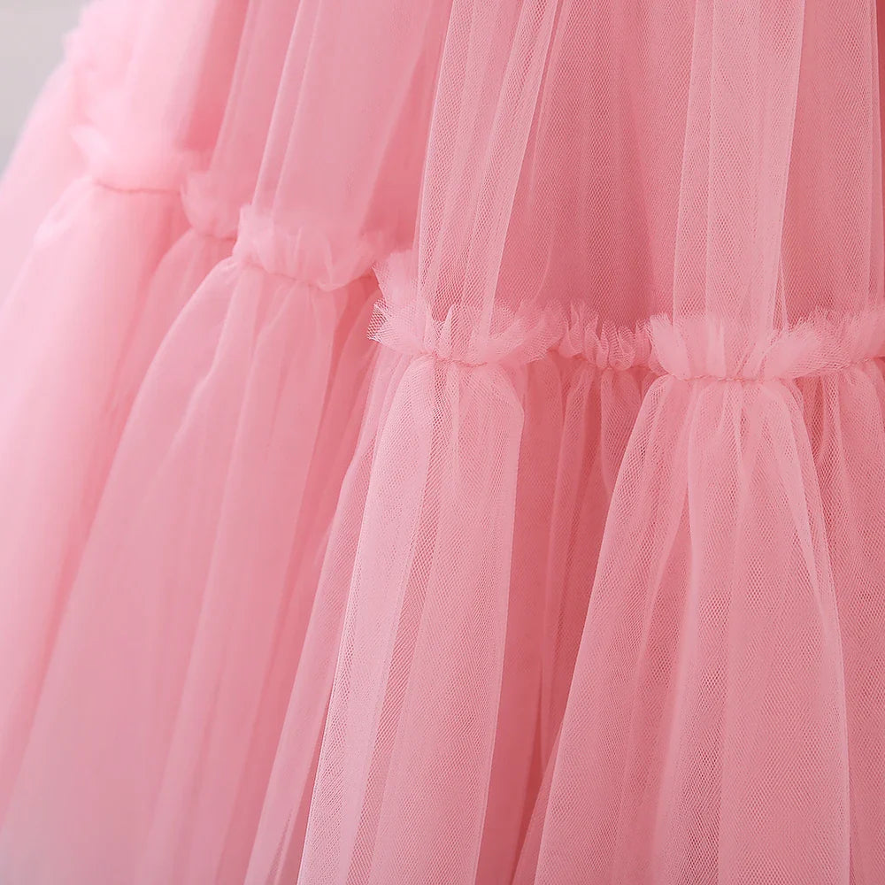 Summer Ruffles Bridesmaids Party Girls Dress Elegant Bow Wedding Birthday Princess Dresses Girl Tulle Pageant Evening Costumes