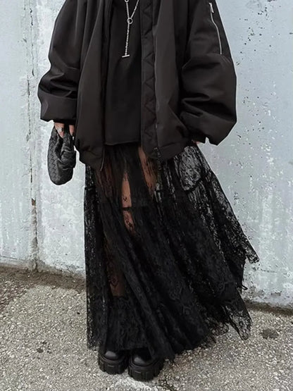 Loose Black Sexy Black Lace Skirt Women Fashion Thin Transparent Casual Hollow Out High Waist Loose A-line Long Skirt Party