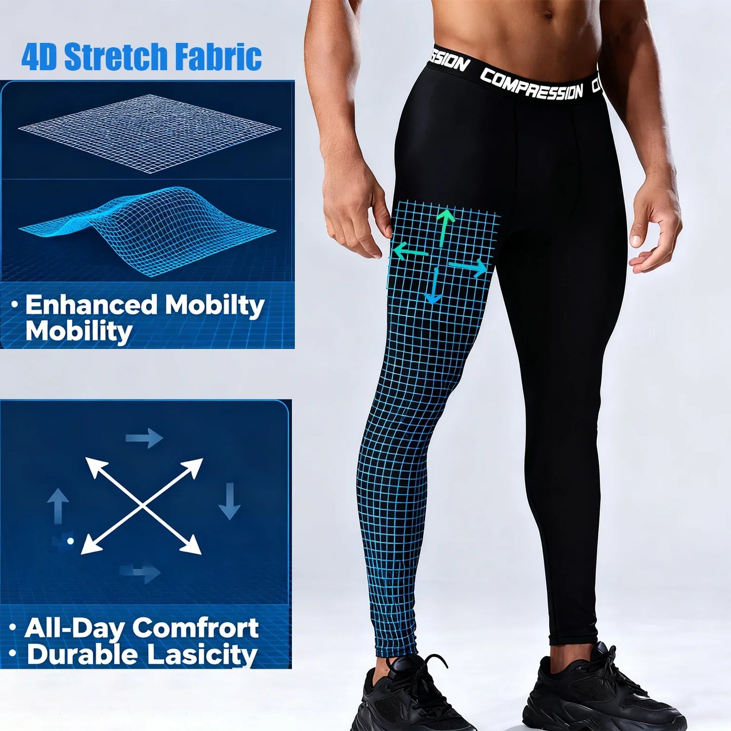 Men's Compression Leggings High Elastic Quick Dry Breathable Sports Base Layer for Gym Running Basketball Workout