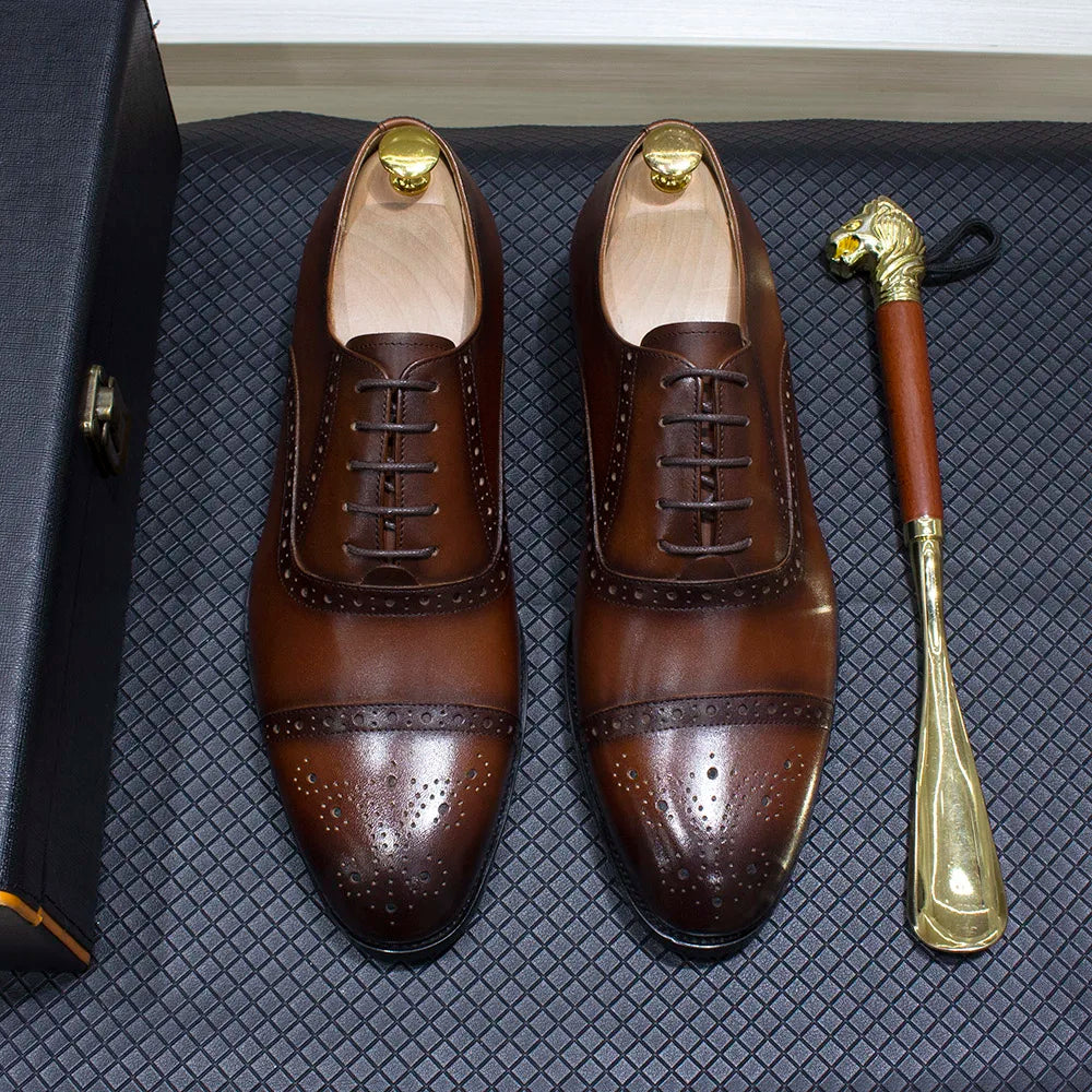 Luxury Genuine Leather Calfskin Cap Toe Oxfords Men's Dress Shoes Italian Style Lace-Up Wedding Business Formal Shoes for Men