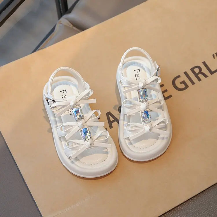 Summer Kids Fashion Hollow-out Roman Sandals Student Water Diamond Bow Sandals Sweet Bowknot Comfortable Elegant Girls Shoes