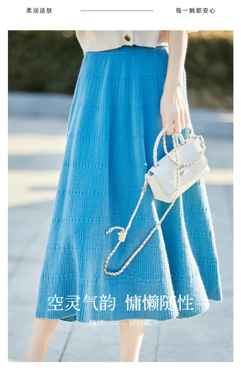 Autumn And Winter High Waist 100% Pure Wool Skirt Female Slim Long Knitted Wool Skirt Loose Wearing A-Line Skirt