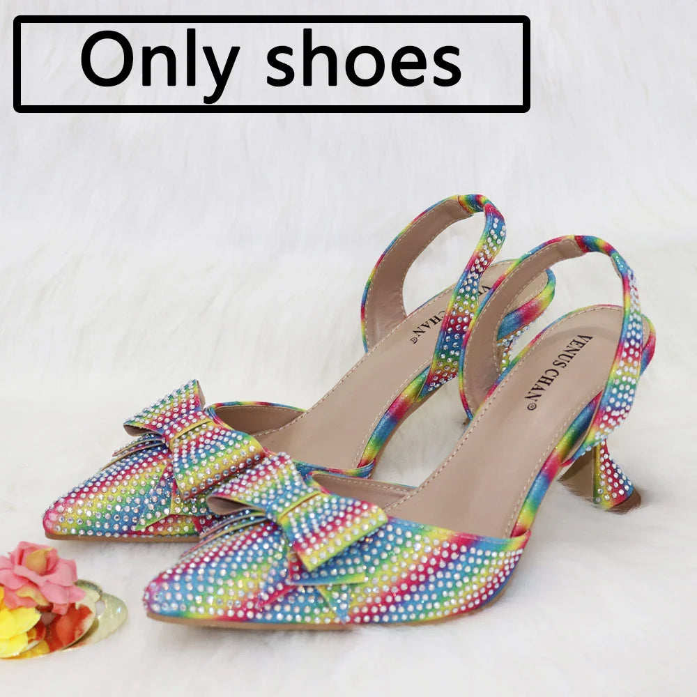 Bridal High Heels for Women 2023 Pointed Toe With Bows Gold Color Rhinestone  Elegant Party Wedding Shoe and Bag Set