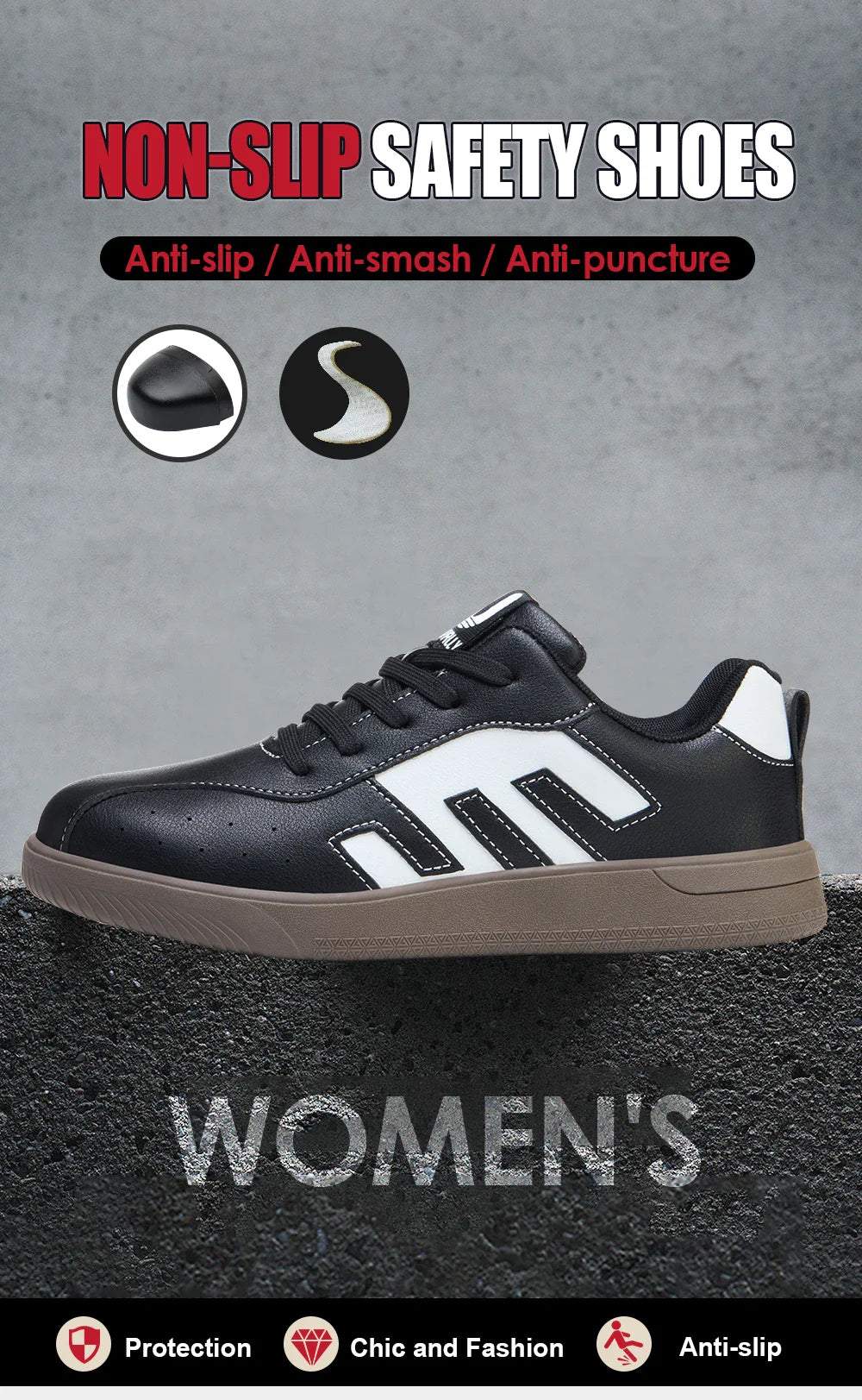 Ladies Safety Shoes Steel Toe Anti- Crush Lightweight Kevlar Work Shoes Fashionable Black And White Casual Protection Footwear