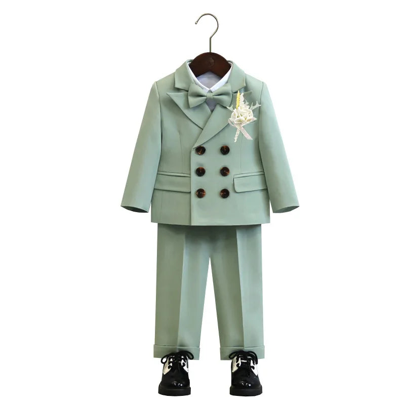 Children's Boys Autumn Formal Green Suit Boys Wedding Suit Children 1 To 14yrs Kids Blazer Pant Bowtie Flower Boys Suits Outfits