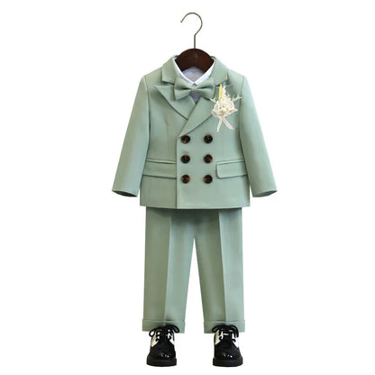 Children's Boys Autumn Formal Green Suit Boys Wedding Suit Children 1 To 14yrs Kids Blazer Pant Bowtie Flower Boys Suits Outfits