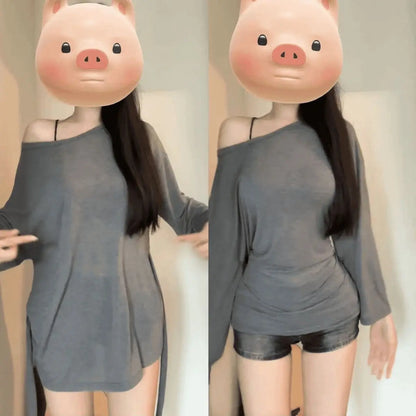 See Through Long sleeve Oversize T shirt Women Sexy Back Bandage Off shoulder Top Female Basic Long Tees Korean Chic Lady New