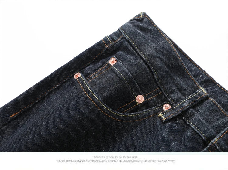 Men's Japanese Handmade Embroidered Cotton Jeans Straight Tube Slim Fit Hip-Hop Trousers Red Ear Detail Devil Big M Golden Text
