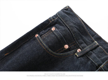 Men's Japanese Handmade Embroidered Cotton Jeans Straight Tube Slim Fit Hip-Hop Trousers Red Ear Detail Devil Big M Golden Text