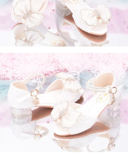 2025 Summer Girls' Princess Shoes Fashion Sequin Bow Soft Bottom Children's Sandals Girls' Performance Pearl Crystal High Heels