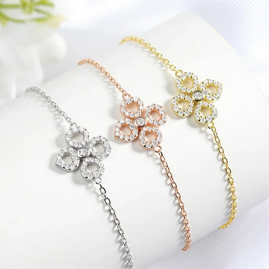 Adjustable Flower Moissanite Bracelets for Women Certified Sparkling 18k Plated Ear Jewelry 100% 925 Sterling Silver