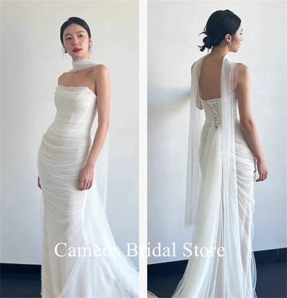Strapless Tulle Korea Elegant Wedding Dress Customized Bride Dress 웨딩드레스 Mermaid Ruched Corset Ivory Wedding Gown Bridal