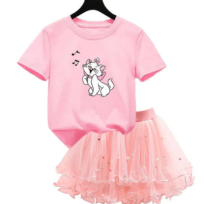 The Aristocats Marie Cat 2Pcs/Set Girl Dress Kid Birthday Clothes Party Princess Dress T-shirt+Tutu Skirt Summer Christmas Gift