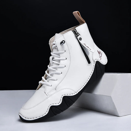 Novos Sapatos Casuais Feitos à Mão Masculinos 2025 Tênis Botas Cano Curto Couro Zíper Lateral Confortáveis Respiráveis Antiderrapantes Para Caminhada Ao Ar Livre