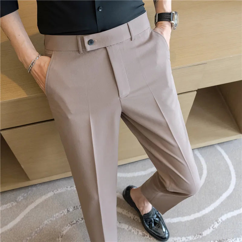 Stretch Solid Color Men's Trousers, Suitable for Business Casual, Parties, Formal Events, and Ankle-length Slim Pants.28-40