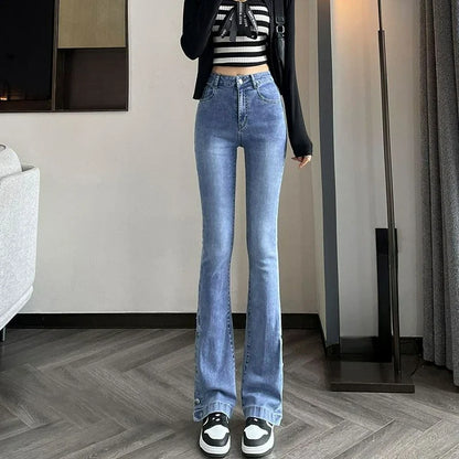 Y2K Casual Solid Slim Elastic Wash  Denim Pants