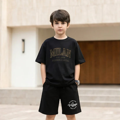 Summer Boys Cotton T-Shirt Shorts Set Casual Kids Milan Graphic Print Short Sleeve Suit Children's Outfit 2026 ML1