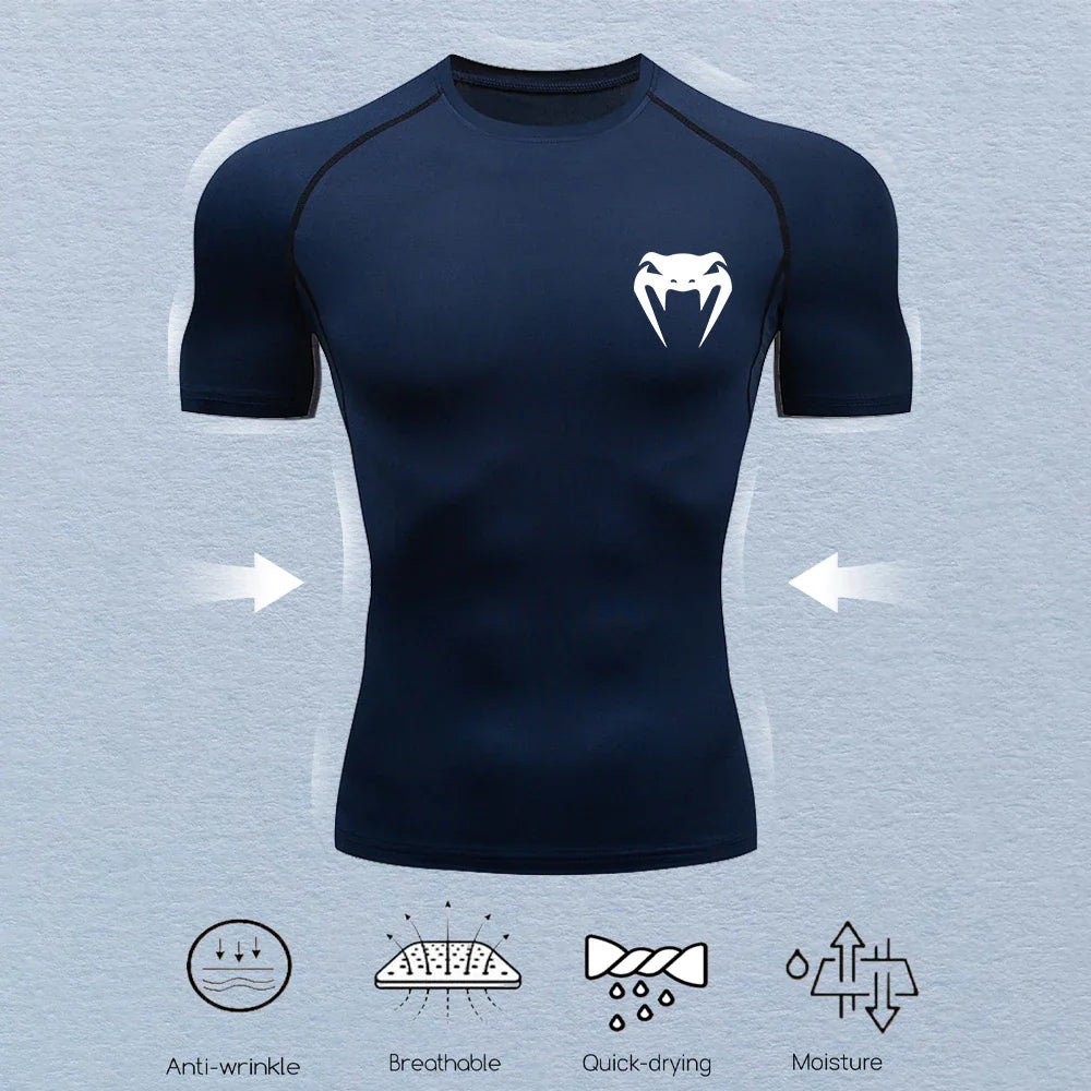 Men's Compression Shirts Fitness Snake Print Gym Shirts Quick Dry Rashguard Short Sleeve Sportswear Jogging Tops Tees Summer