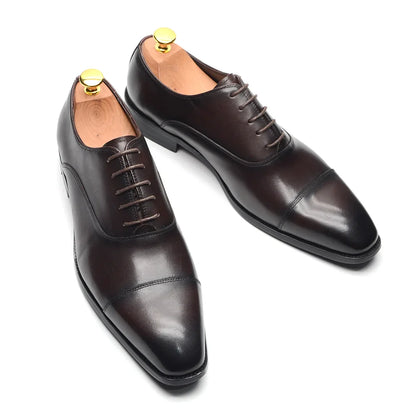 Classic Cowhide Genuine Leather Mens Dress Shoes Black Brown Cap Toe Lace-Up Oxford Company Business Office Formal Shoes for Men