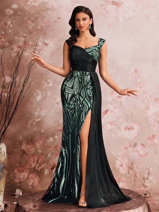 Elegant Splice Sequins Slit Evening Dresses Women Sleeveless Mermaid Formal Luxury Party Streamer Cocktail Gowns