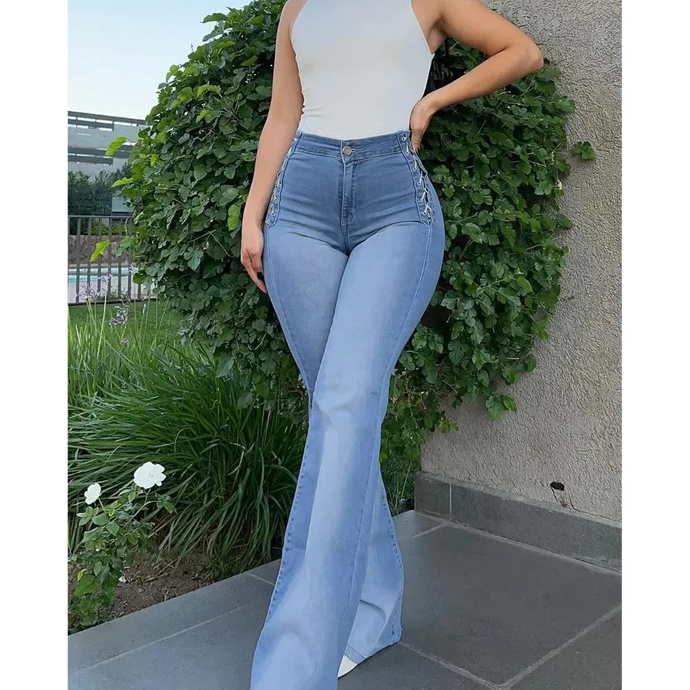 Women's Side Braid Flare Curvy Jeans High Waisted Bell Bottom Jeans Wide Leg Stretchy Elastic Denim Pants Plus Size