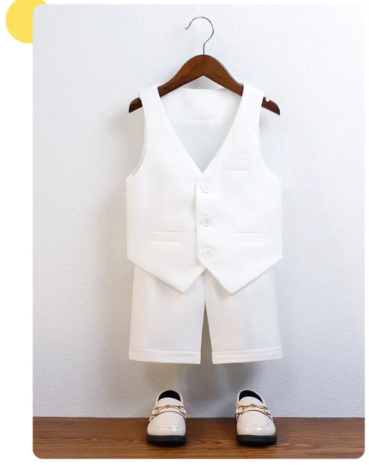 Children Boy Summer Cool Green Suit Kids Boys Vest Shirt Shorts Bowtie Ceremony Costume Formal Boys Breathable Slim Wedding Suit
