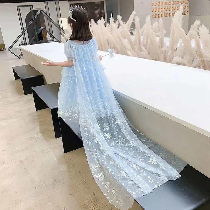 Vestido de princesa infantil de lantejoulas e tule azul com renda, xale de tule de floco de neve, festa infantil, vestido de princesa para formatura de menina