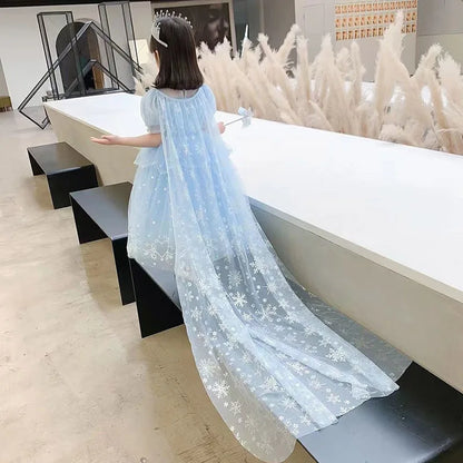 Vestido de princesa infantil de lantejoulas e tule azul com renda, xale de tule de floco de neve, festa infantil, vestido de princesa para formatura de menina