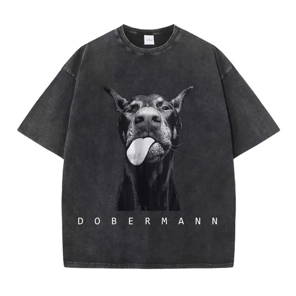 Camisetas femininas de algodão lavadas, moda criativa, estampa de Doberman, manga curta, gola redonda, folgadas, estilo destroyed, roupas femininas de rua