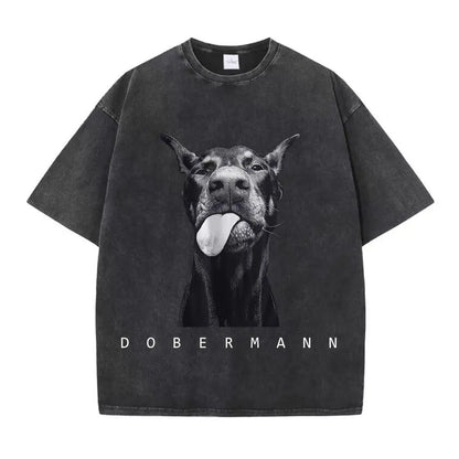 Camisetas femininas de algodão lavadas, moda criativa, estampa de Doberman, manga curta, gola redonda, folgadas, estilo destroyed, roupas femininas de rua
